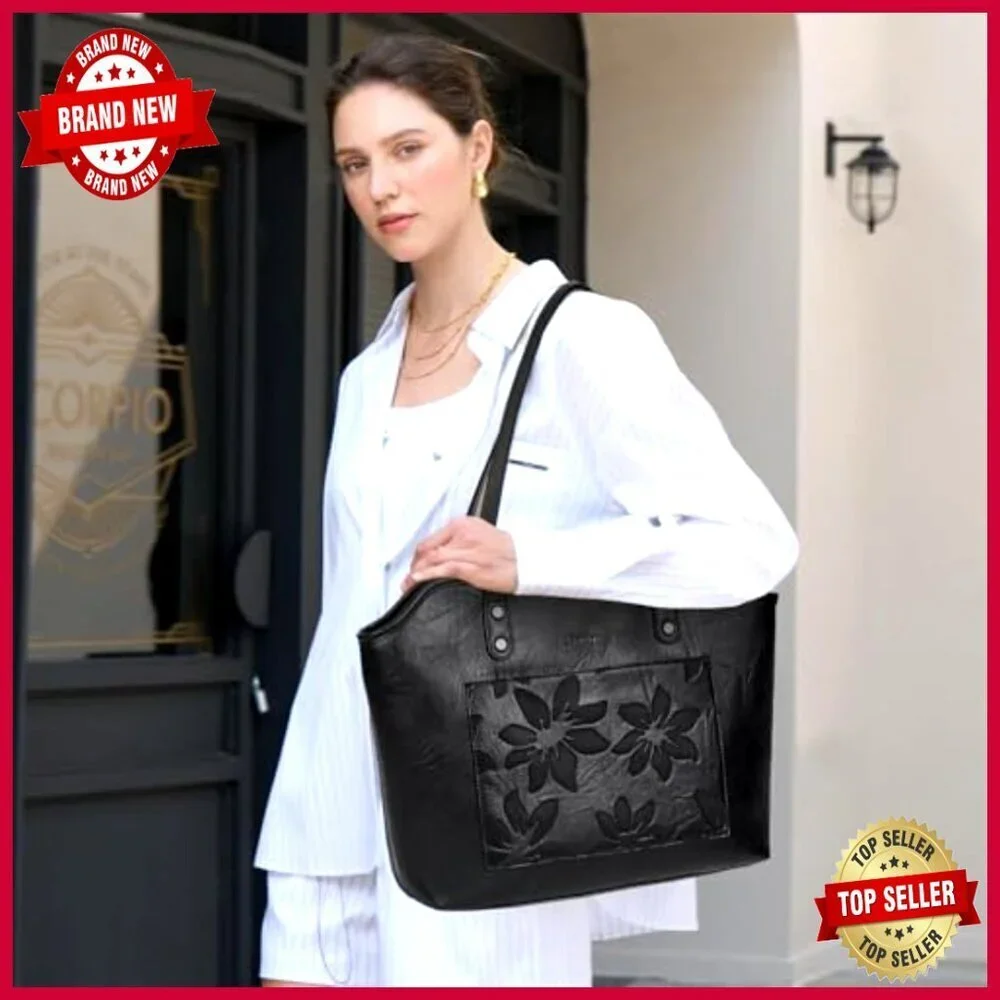 Large Vegan Leather Tote Bag with Zipper Closure for Work Travel